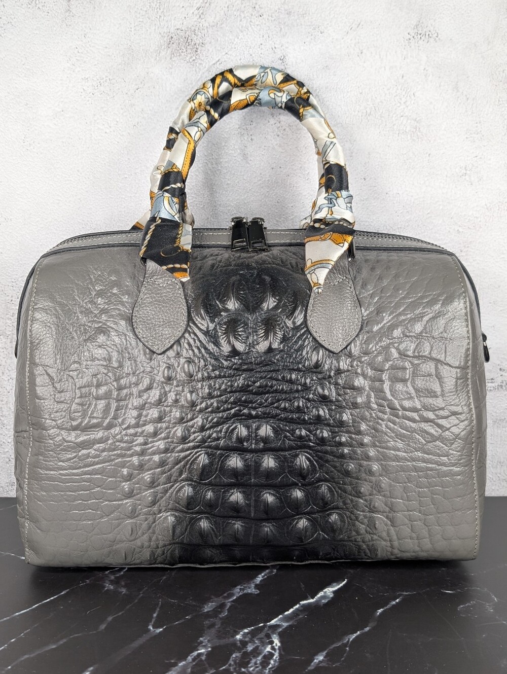 Gray Croc-Embossed Leather Satchel Bag with Scarf-Wrapped Handles NWOT